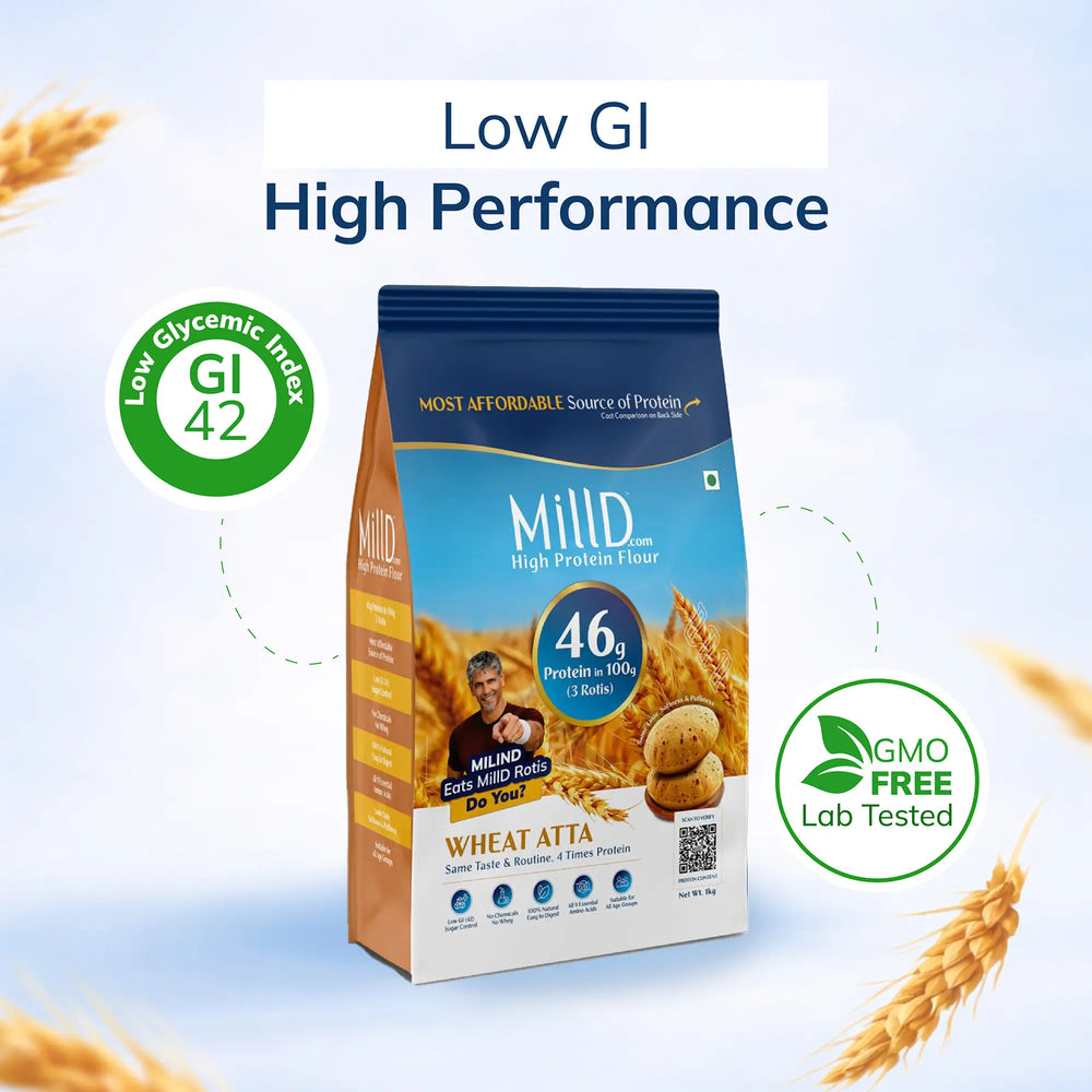 MillD High Protein Atta 5 kg family pack on a pale blue background