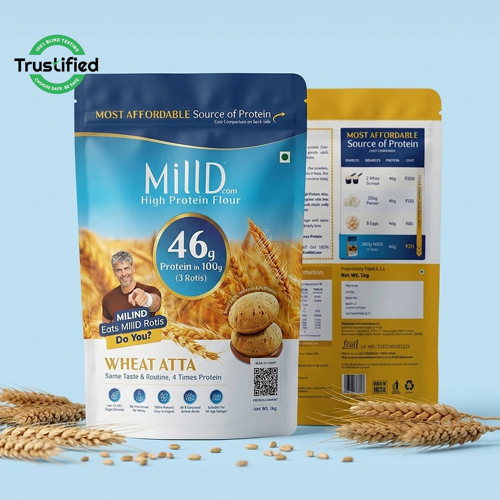 MillD High Protein Atta 10 kg bulk household pack on a pale blue background