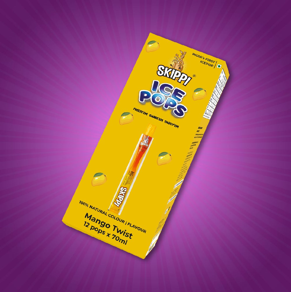 Skippi Mango Twist natural ice pops, pack of 12, in bright yellow and orange mango packaging