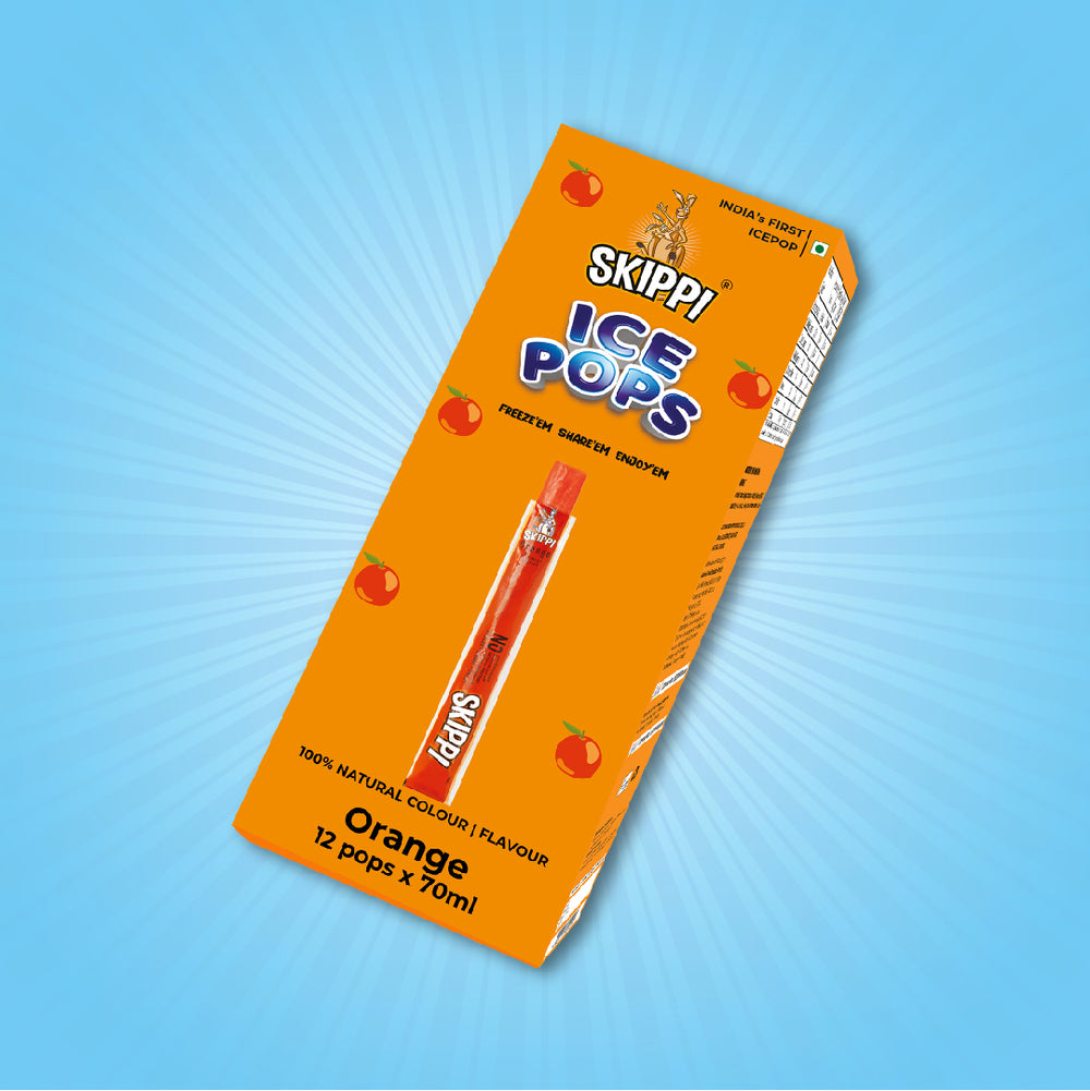 Skippi Orange natural ice pops, pack of 12, in orange packaging