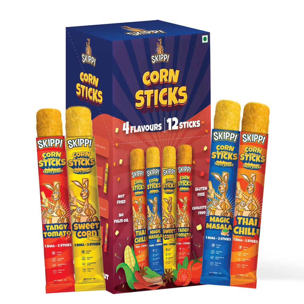Skippi Tasty Namkeen Corn Sticks pack with Sweet Corn, Magic Masala, Tangy Tomato and Thai Chilli flavours