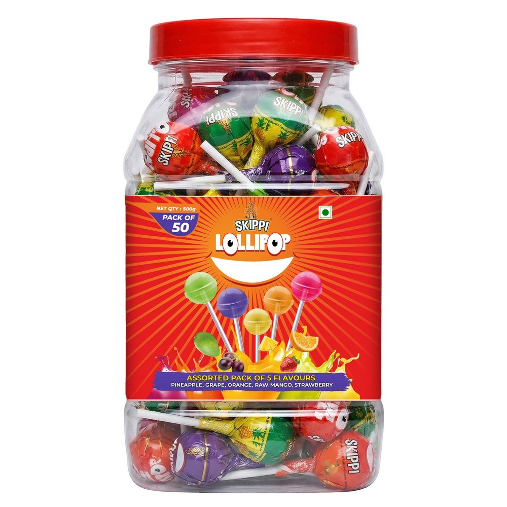 Skippi assorted lollipop jar holding 50 lollipops in pineapple, grape, orange, raw mango and strawberry flavours