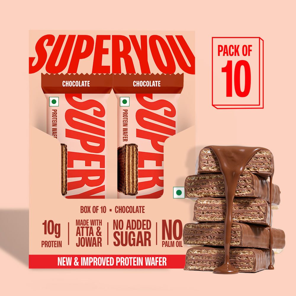 SuperYou Chocolate Protein Wafer pack of 10 carton beside a stack of chocolate-coated wafer bars