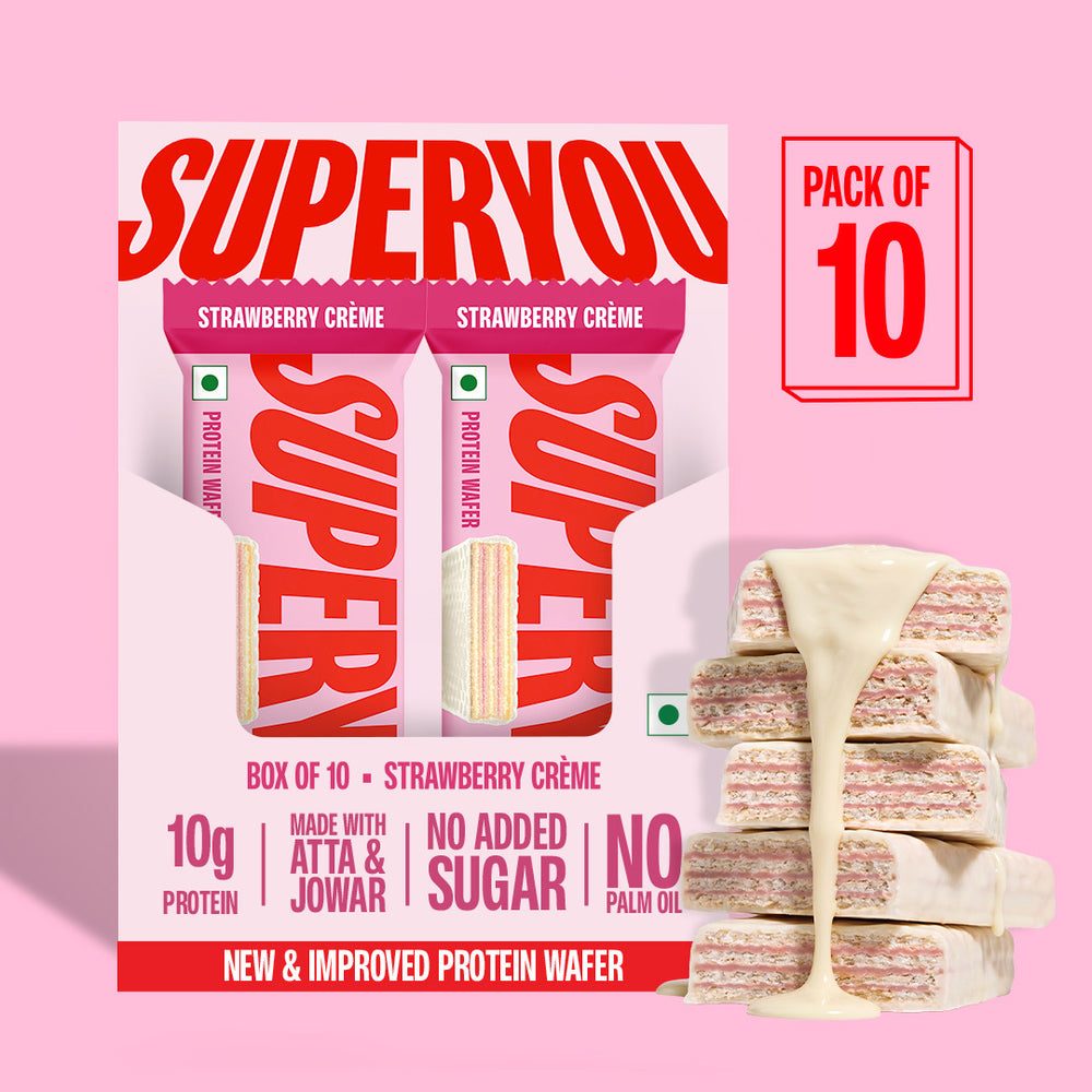 SuperYou Strawberry Creme Protein Wafer pack of 10 carton on a pink ground
