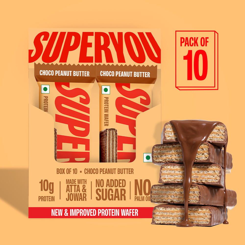 SuperYou Choco Peanut Butter Protein Wafer pack of 10 carton on an orange ground