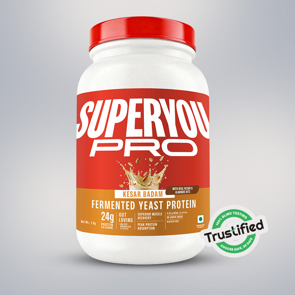 SuperYou PRO Kesar Badam fermented yeast protein 1 kg jar with a red lid and Trustified badge