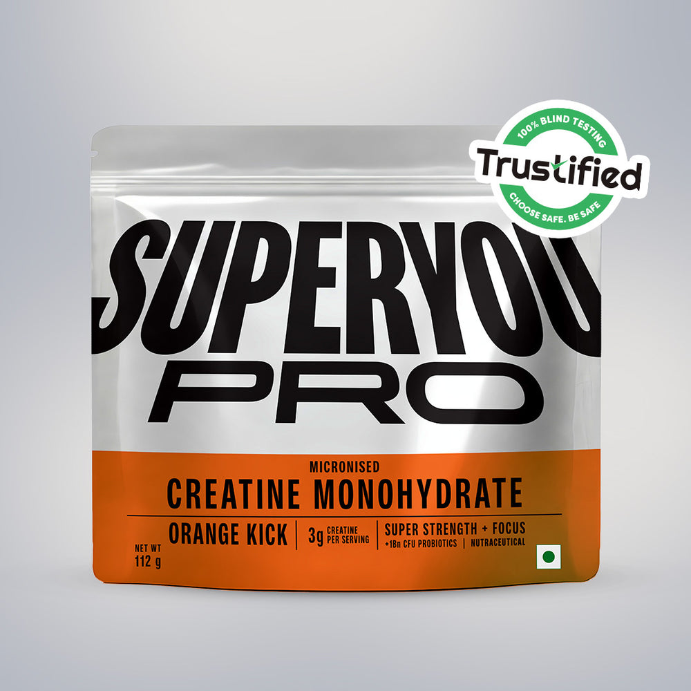 SuperYou PRO micronised Creatine Monohydrate 112 g pouch in Orange Kick with a Trustified badge