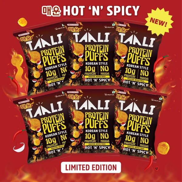 Taali Protein Puffs in Korean Style, retail packs fanned out on a flat colour tile